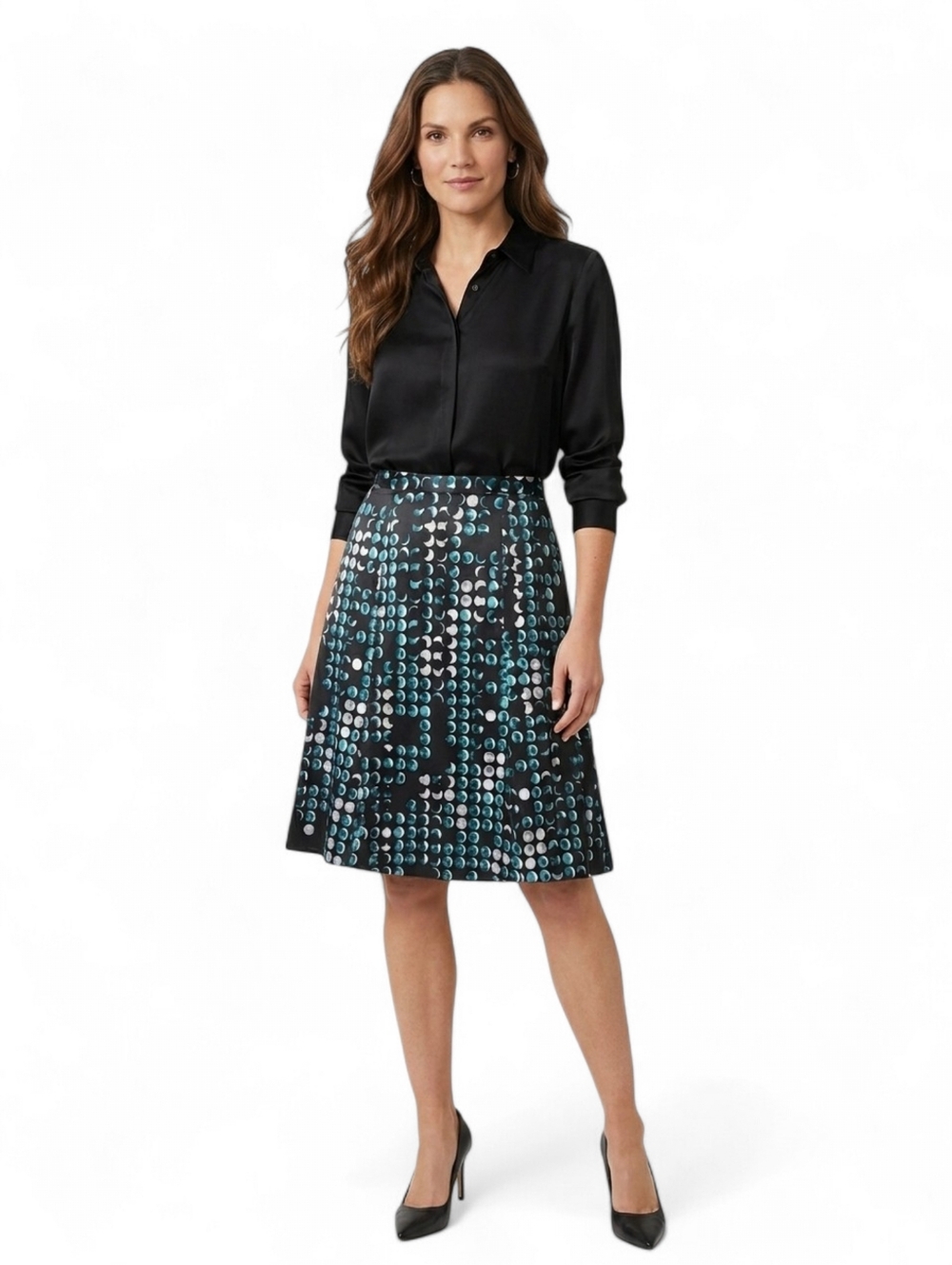 East 5th Moon Phase Geometric A-Line Skirt Size 10 Teal White Black Mid-Length